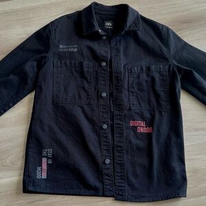 Zara Black Lightweight Shirt Jacket with Embroidered Details